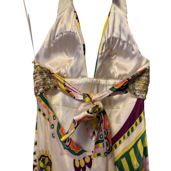 MARY L Couture Halter Dress - Multi Print Yellow Beaded Sz 4 Vintage Y2K Exotic - Picture 6 of 7